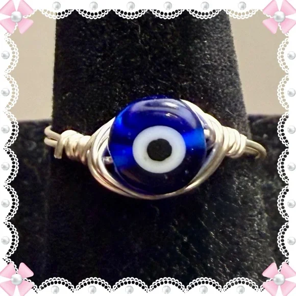 Ring - size 7 - evil eye - wire wrapped - blue & white - New! - Picture 1 of 10